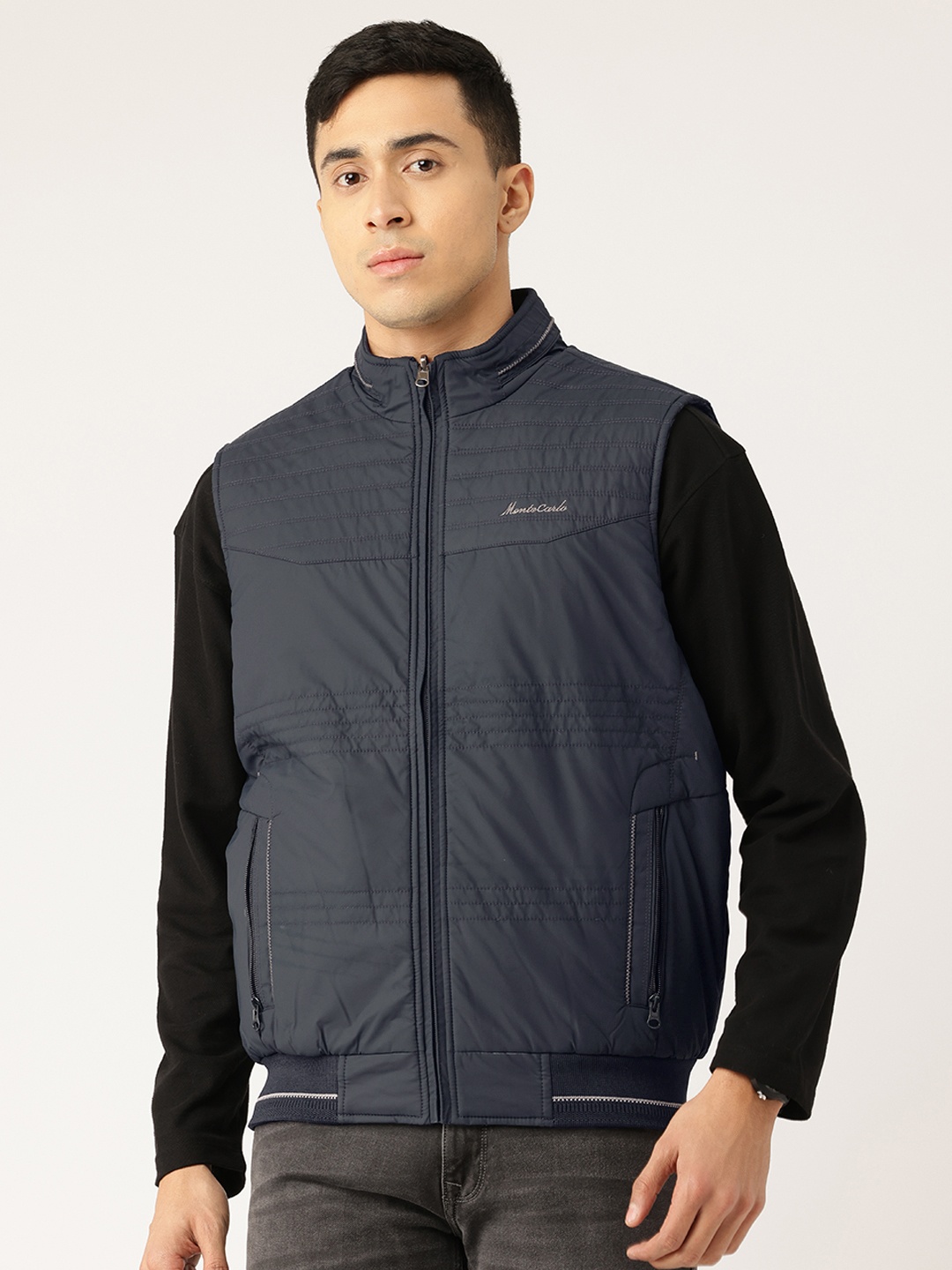 

Monte Carlo Reversible Self Design Sleeveless Tailored Jacket, Navy blue