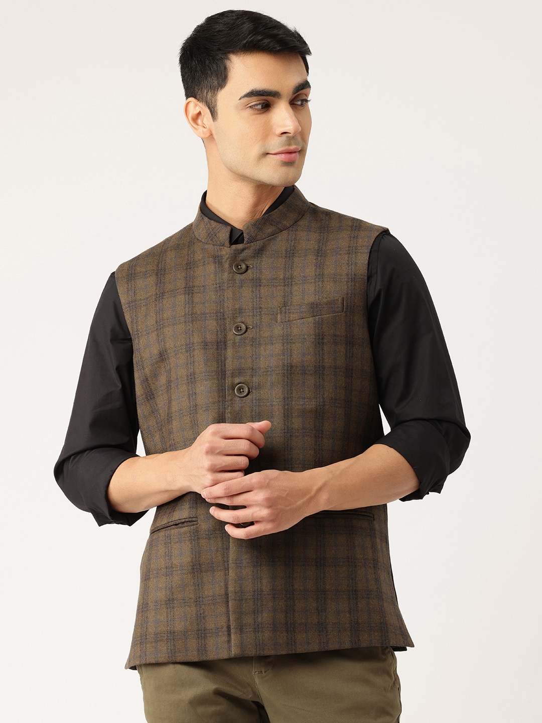 

Monte Carlo Checked Woollen Nehru Jacket, Brown