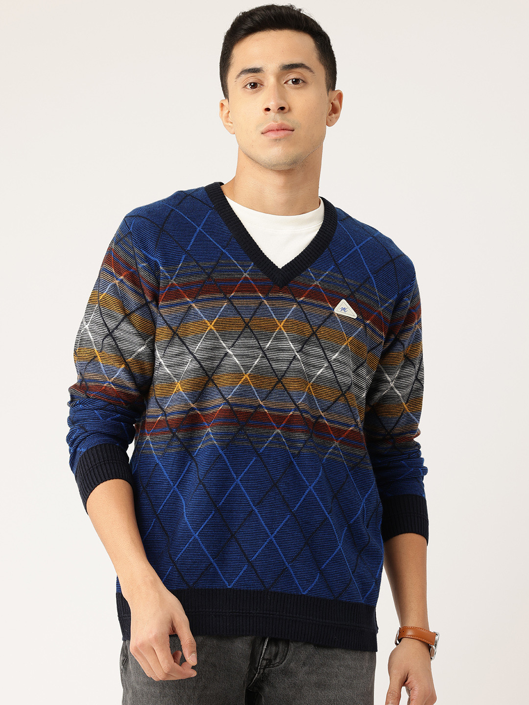 

Monte Carlo Woollen Self-Striped Geometric Pullover, Navy blue