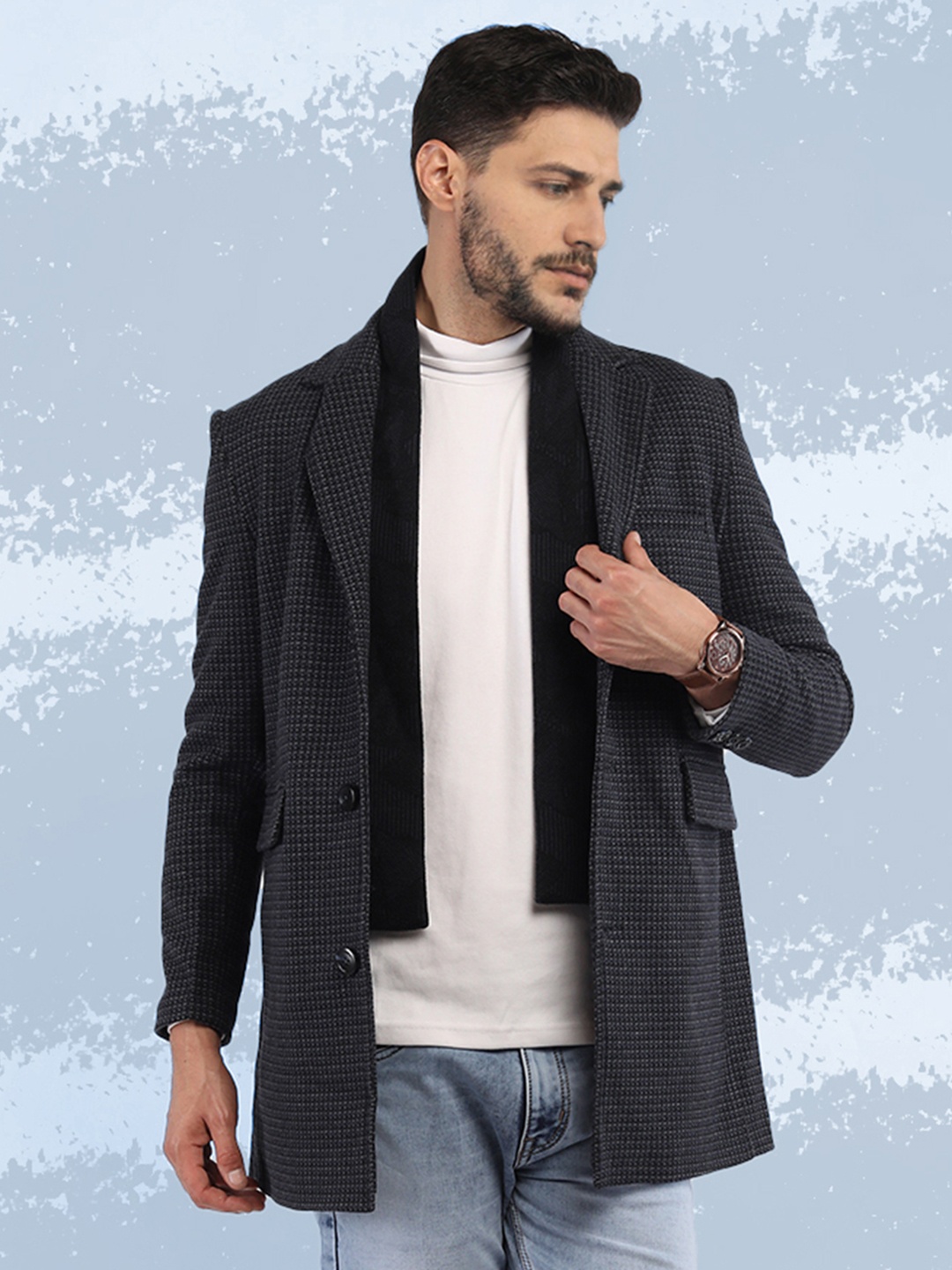 

The Roadster Lifestyle Co Men Self design Single Breasted Overcoat, Blue