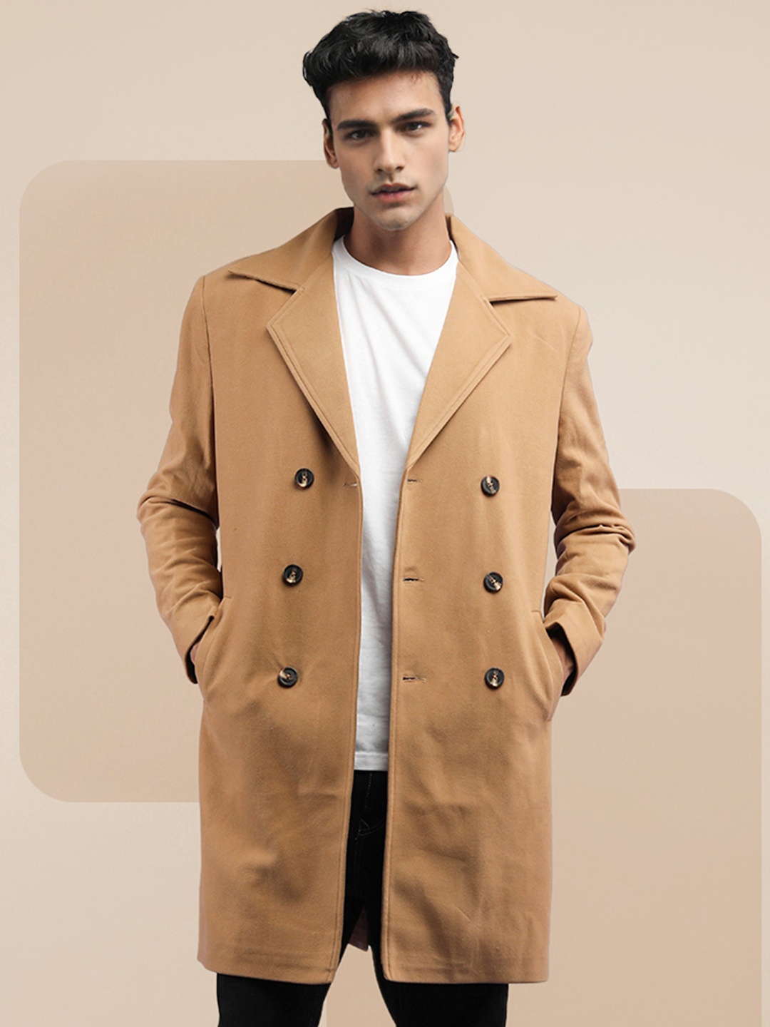 

The Roadster Lifestyle Co Men Solid Double-Breasted Overcoat, Beige