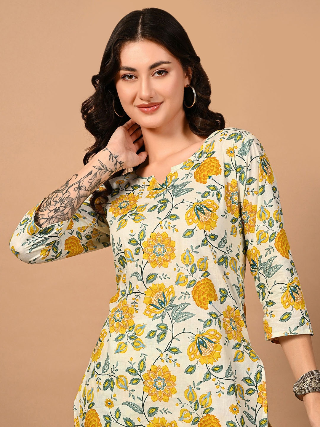 

JAHIDA COMFORT WITH STYLE Floral Printed Pure Cotton Tunic & Trousers, White