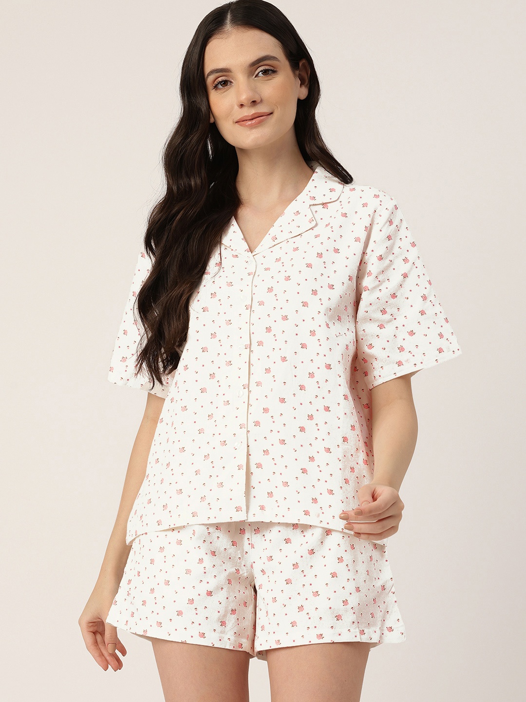 

ETC Floral Printed Lapel Collar Pure Cotton Night suit, White