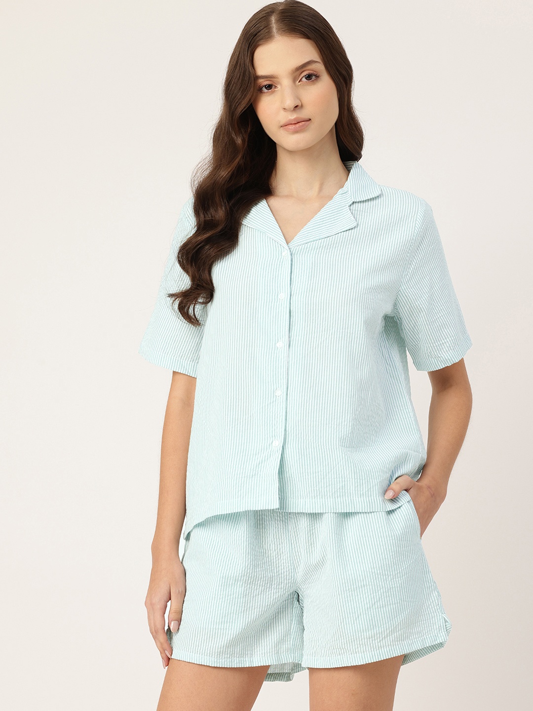 

ETC Striped Lapel Collar Pure Cotton Night suit, Sea green