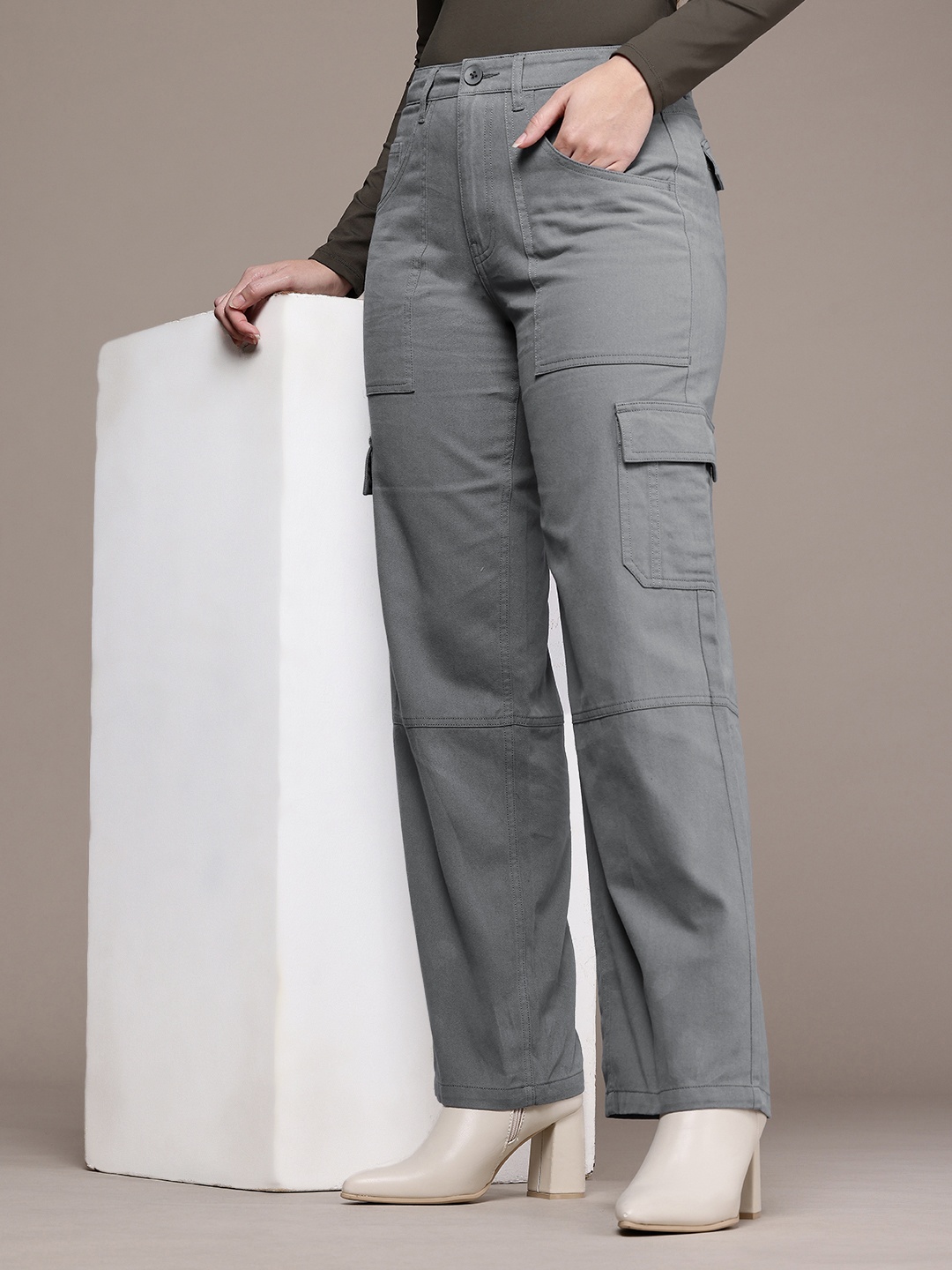 

French Connection Smart Slim Fit Easy Wash Pure Cotton Cargo Trousers, Grey