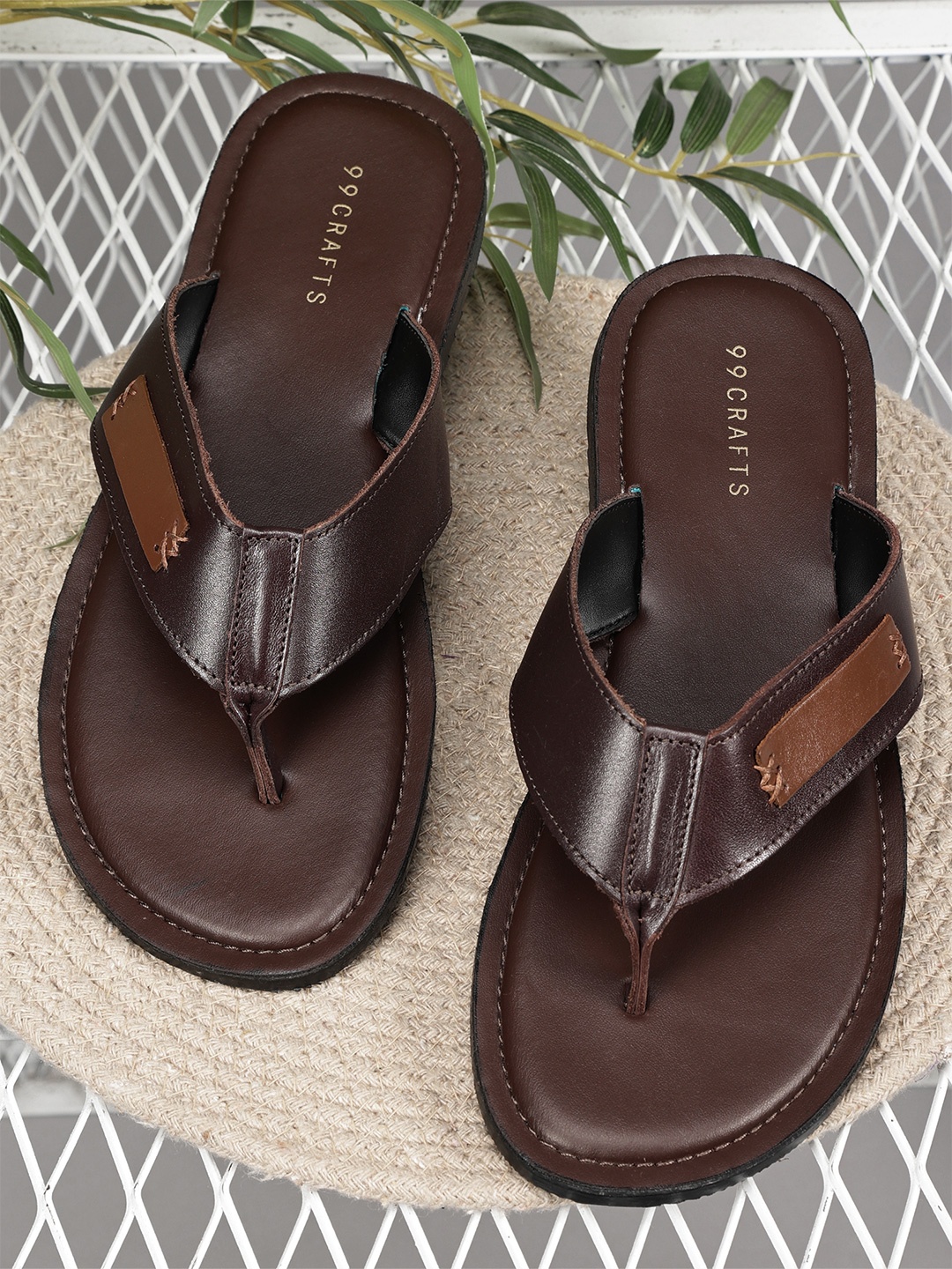 

99CRAFTS Men Open Toe T-Strap Flats, Brown