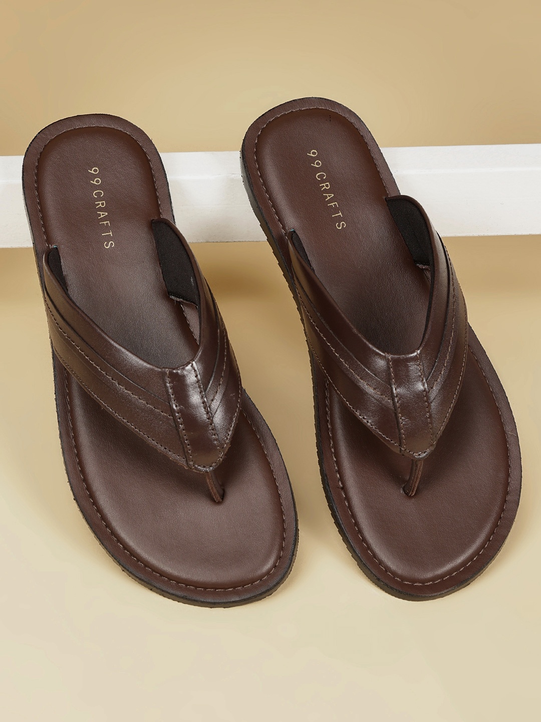 

99CRAFTS Men Leather Solid T-Strap Flats, Brown