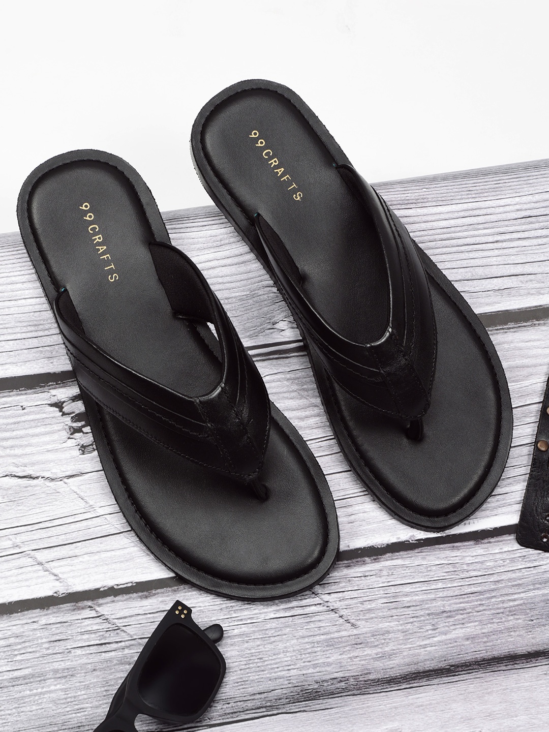 

99CRAFTS Men Striped Open Toe Flats With No Back Strap, Black
