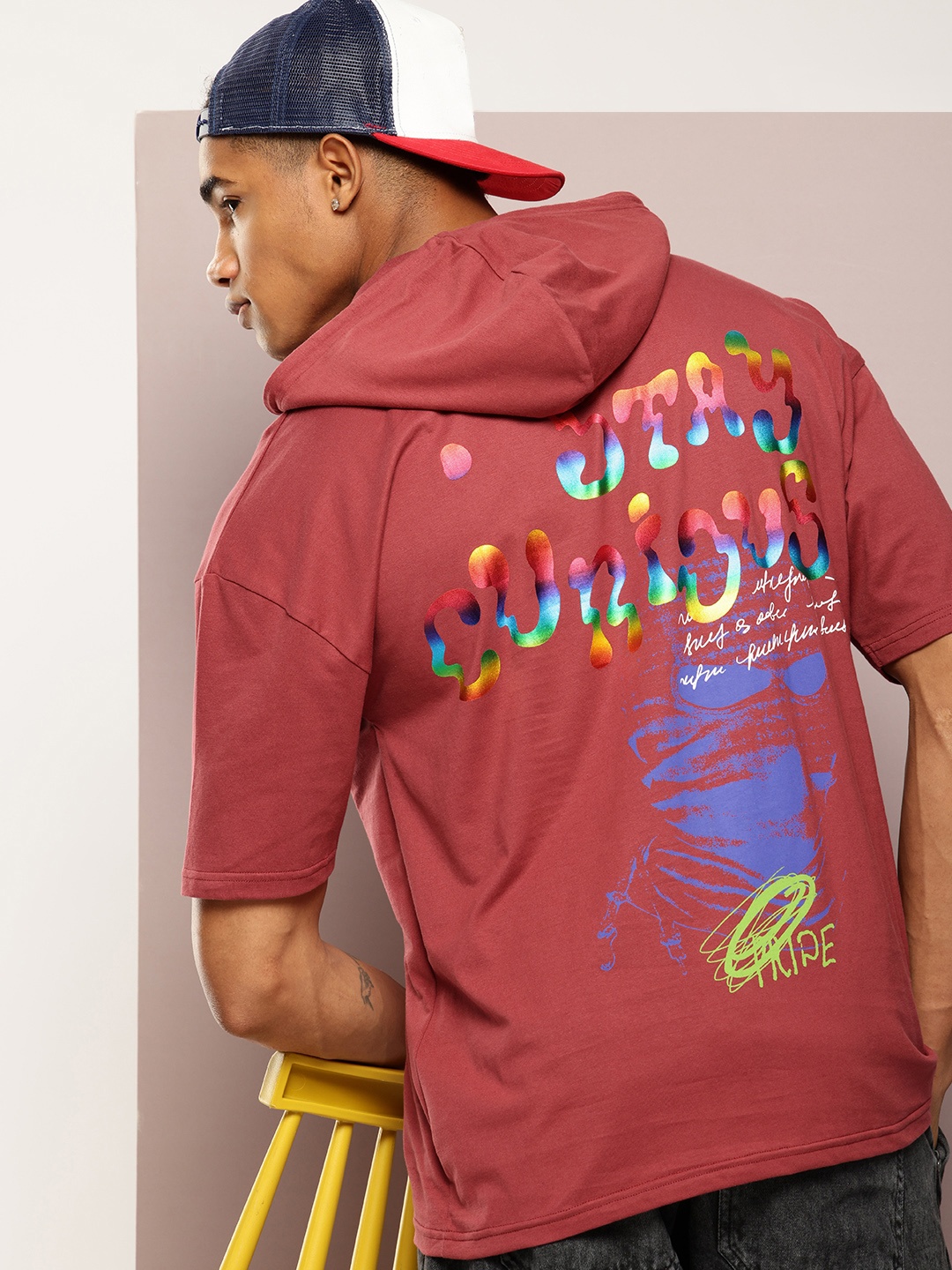 

Kook N Keech Men Printed Hooded Drop-Shoulder Sleeves Oversized T-shirt, Maroon