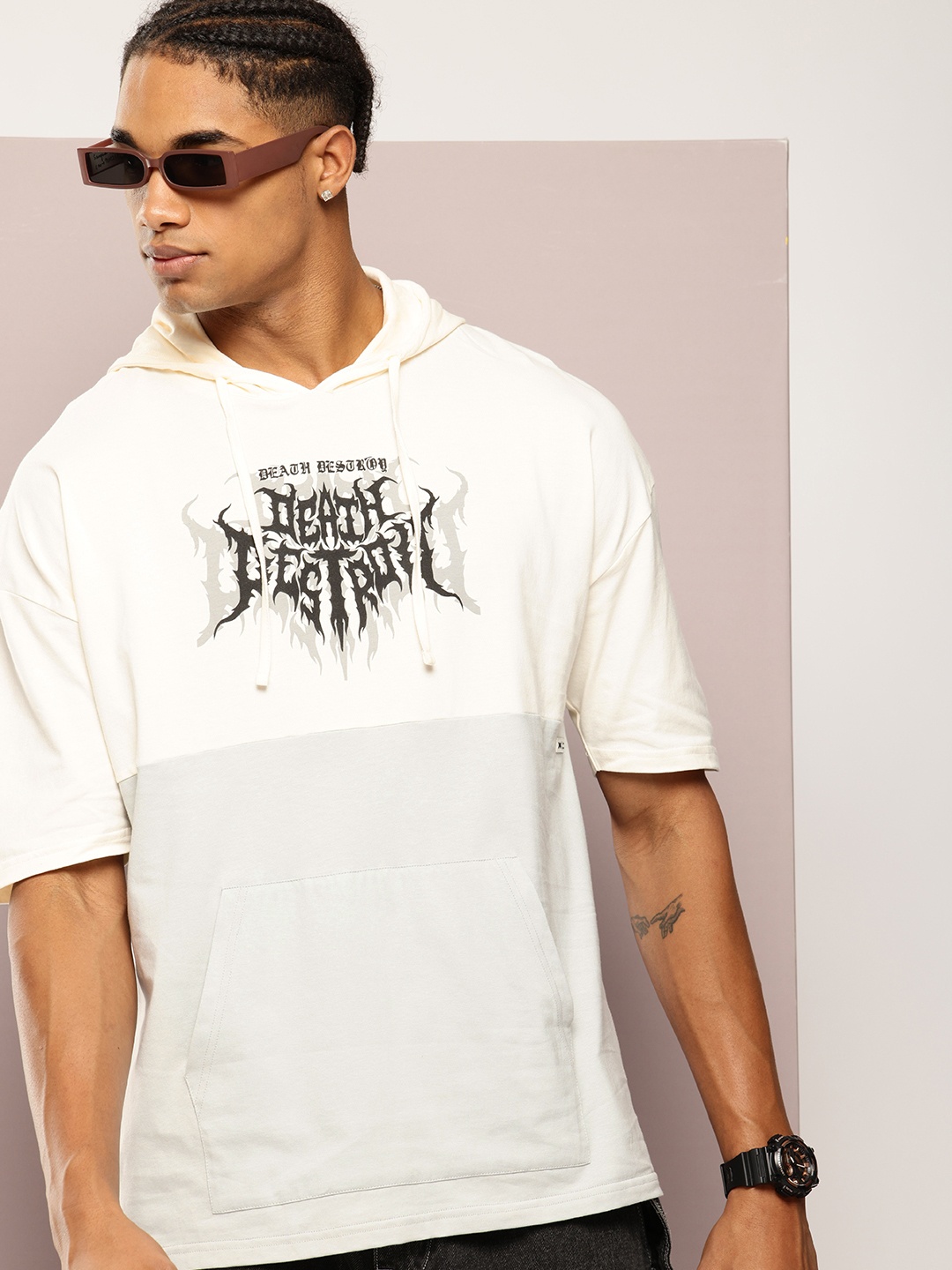 Kook N Keech Colourblocked Hooded Oversized T-shirt, Grey