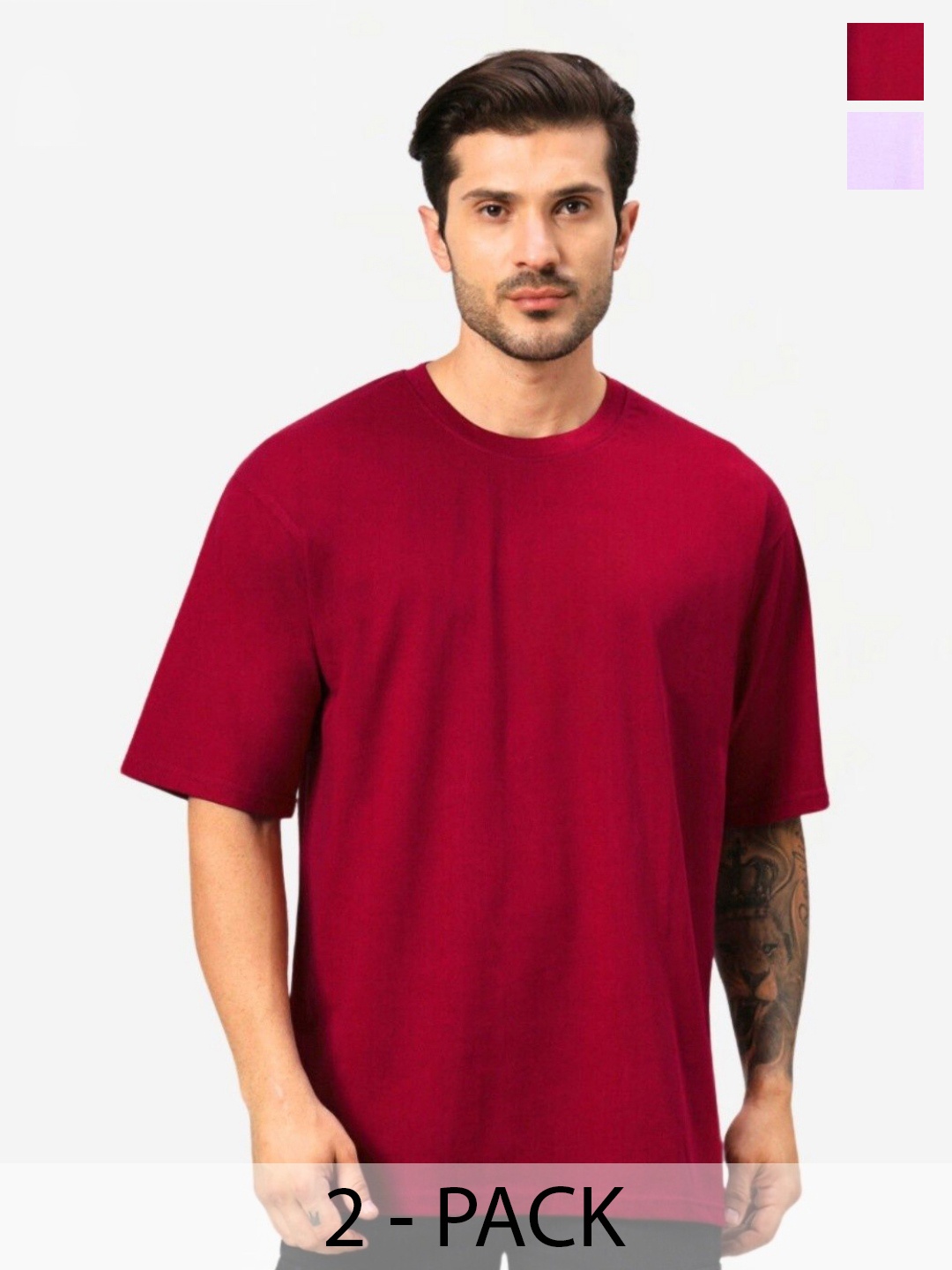 

URBANICE Men Pack Of 2 Solid Round Neck Cotton Oversized T-shirts, Maroon