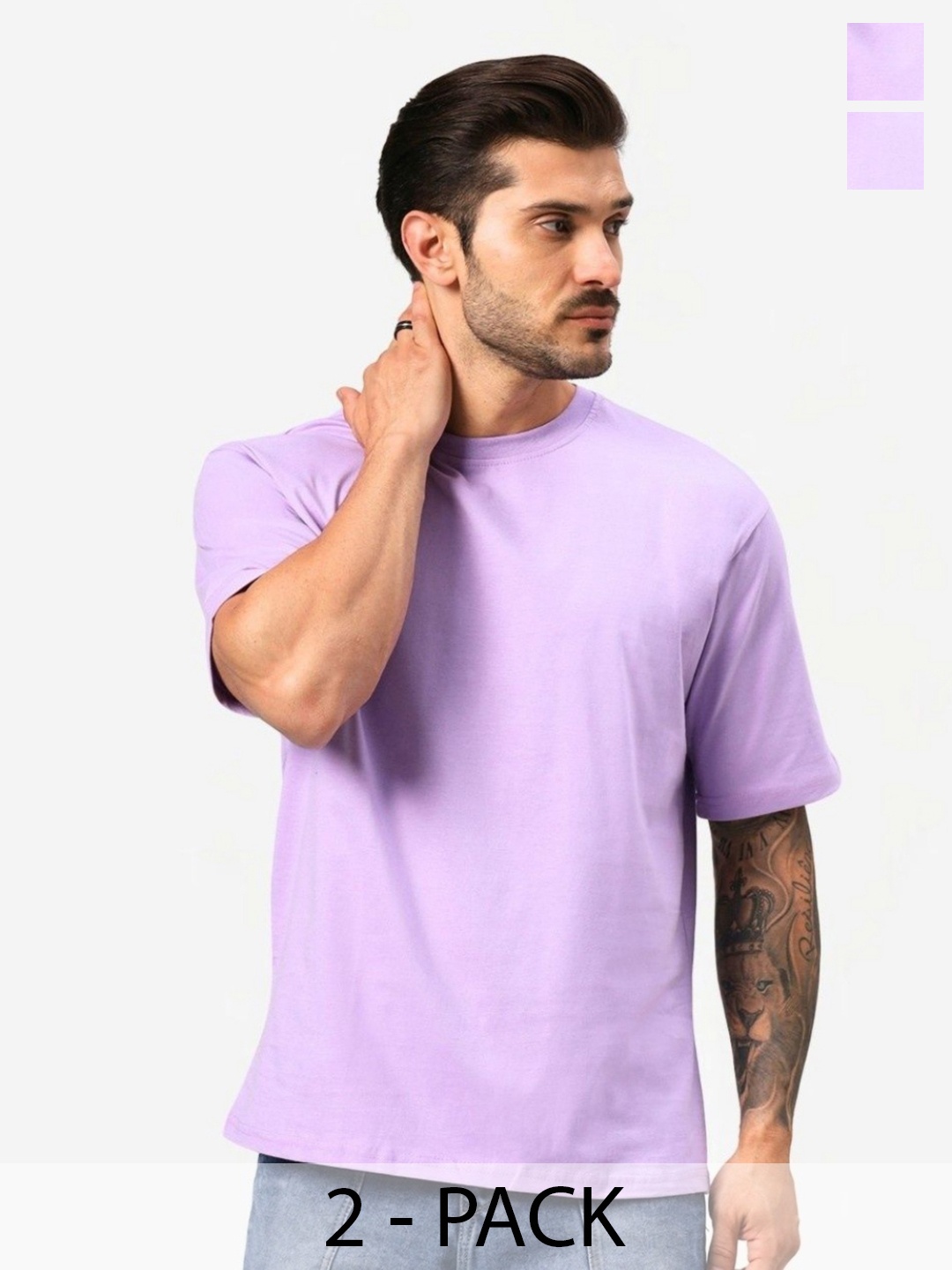 

URBANICE Men Pack Of 2 Solid Round Neck Cotton Oversized T-shirts, Lavender