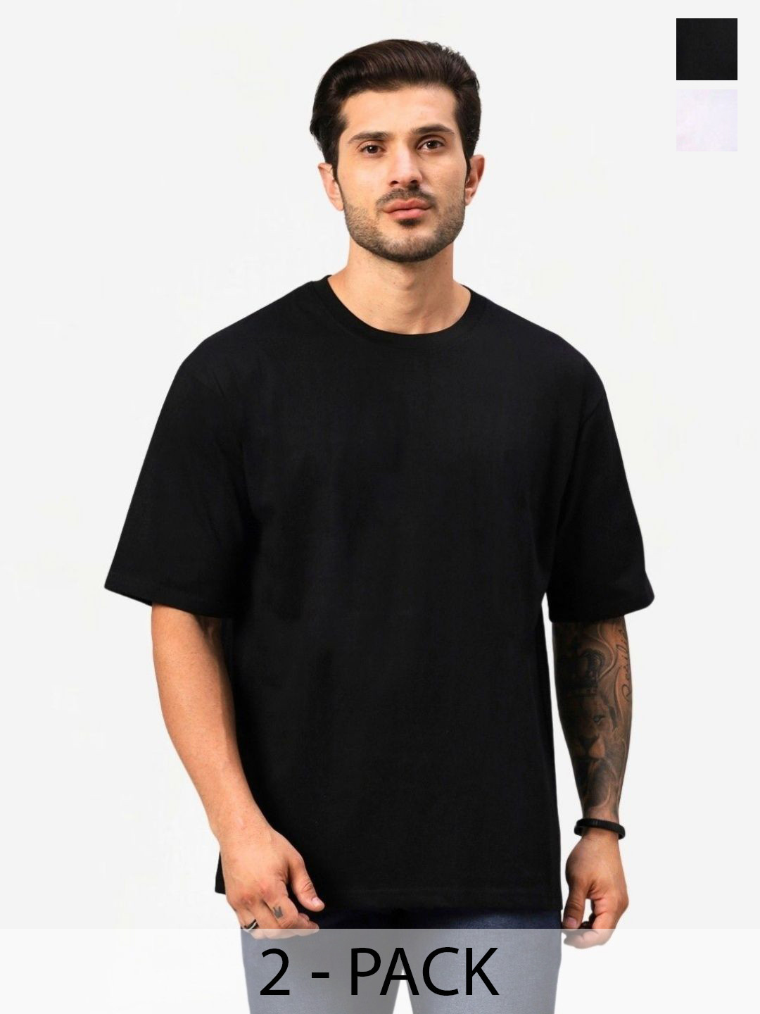 

URBANICE Men Pack Of 2 Solid Round Neck Cotton Oversized T-shirts, Black