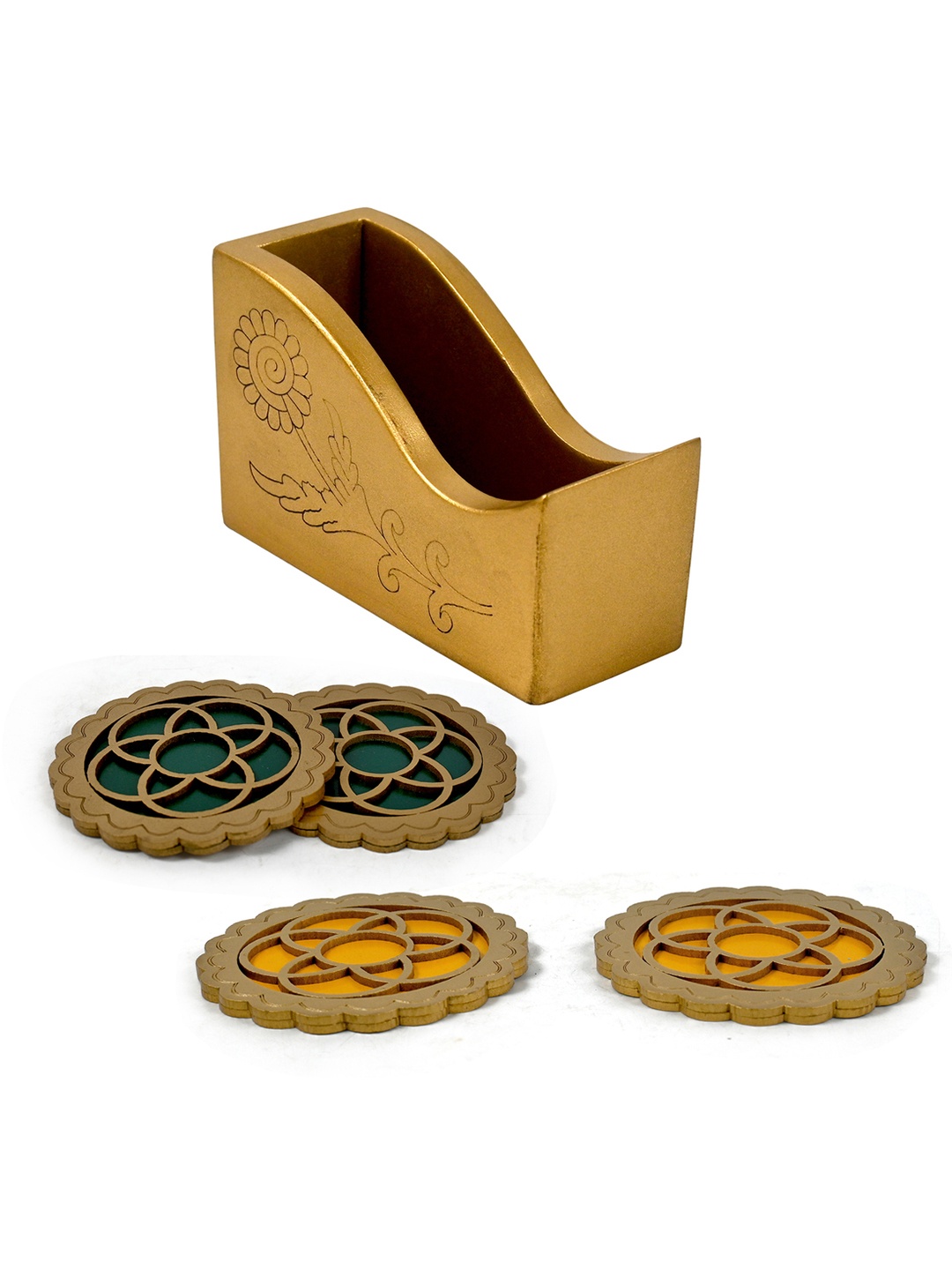 

PRAKARTIK Yellow & Green 4 Pieces Wooden Tree of Life Design Round Coasters With Holder