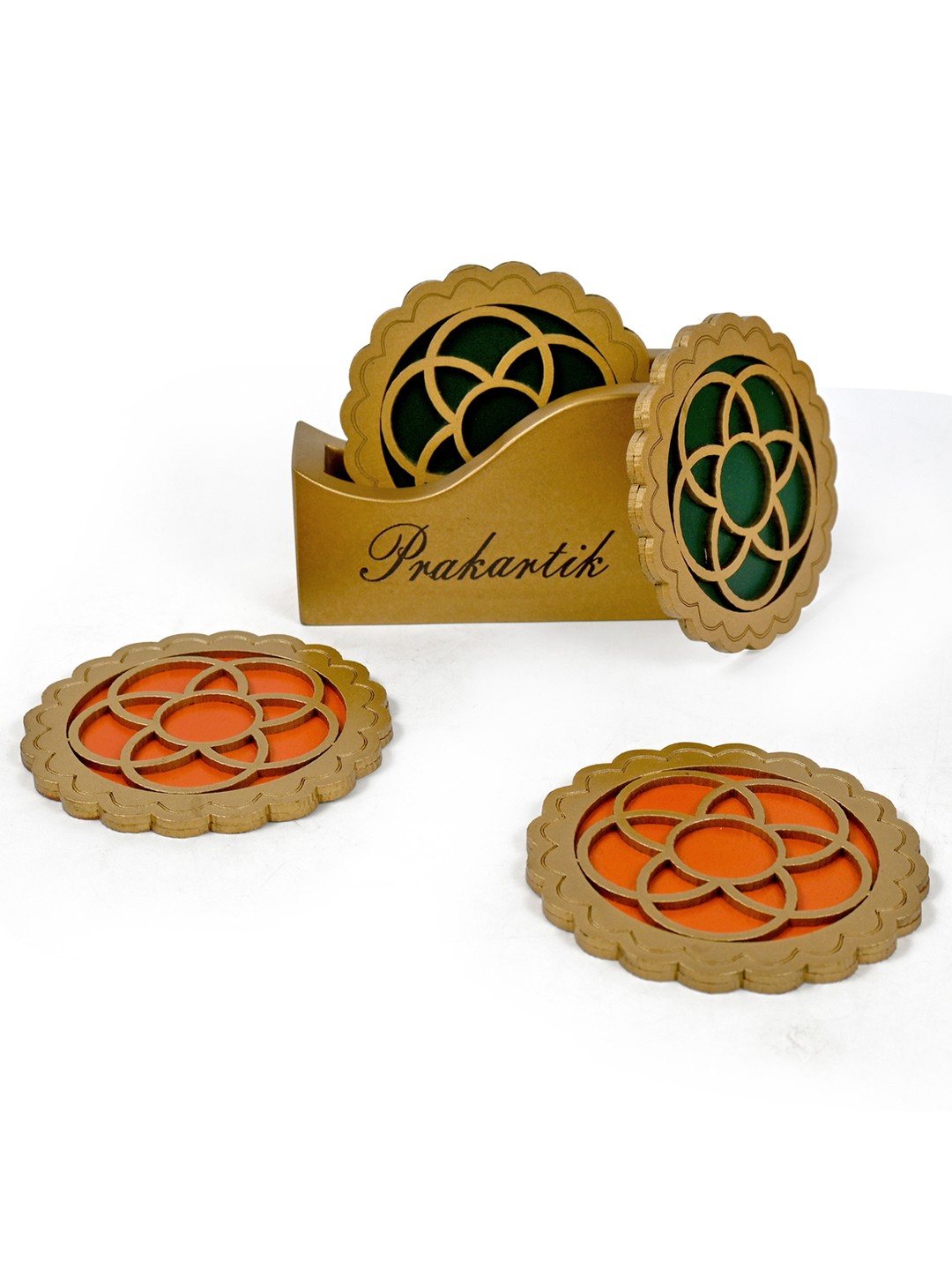 

PRAKARTIK Green & Orange Coloured 4 Pieces Wooden Coasters With Holder