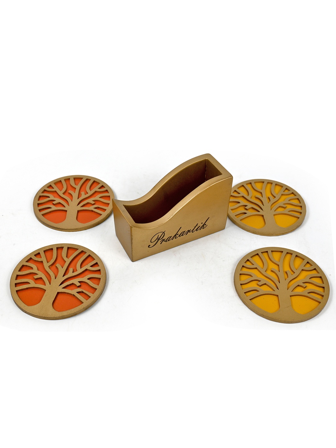 PRAKARTIK Yellow & Orange-Color 4 Pieces Wooden Round Coasters With Holder