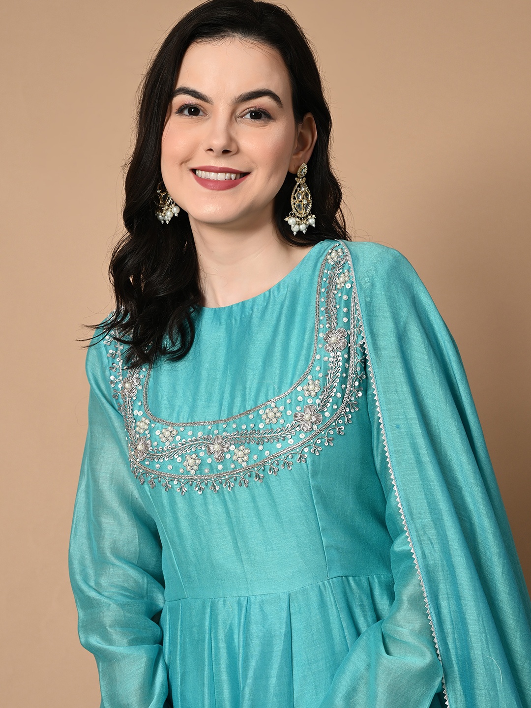 

NIRMOK Floral Yoke Design Beads and Stones Chanderi Silk Kurta With Trousers & Dupatta, Blue