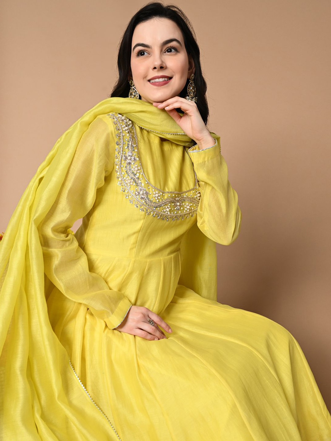 

NIRMOK Floral Yoke Design Beads and Stones Chanderi Silk Kurta With Trousers & Dupatta, Yellow