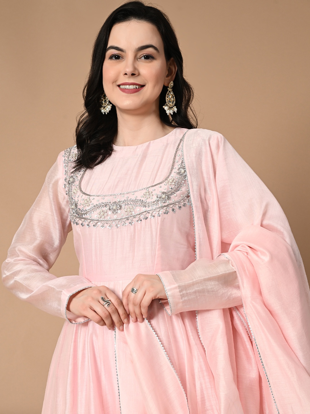 

NIRMOK Floral Yoke Design Beads and Stones Chanderi Silk Kurta With Trousers & Dupatta, Pink