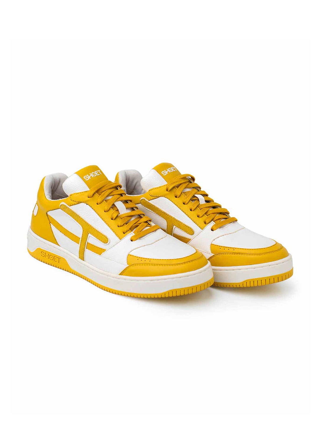 

SHOET Men Basketball Patterned Leather Lace-Up Sneakers, Yellow