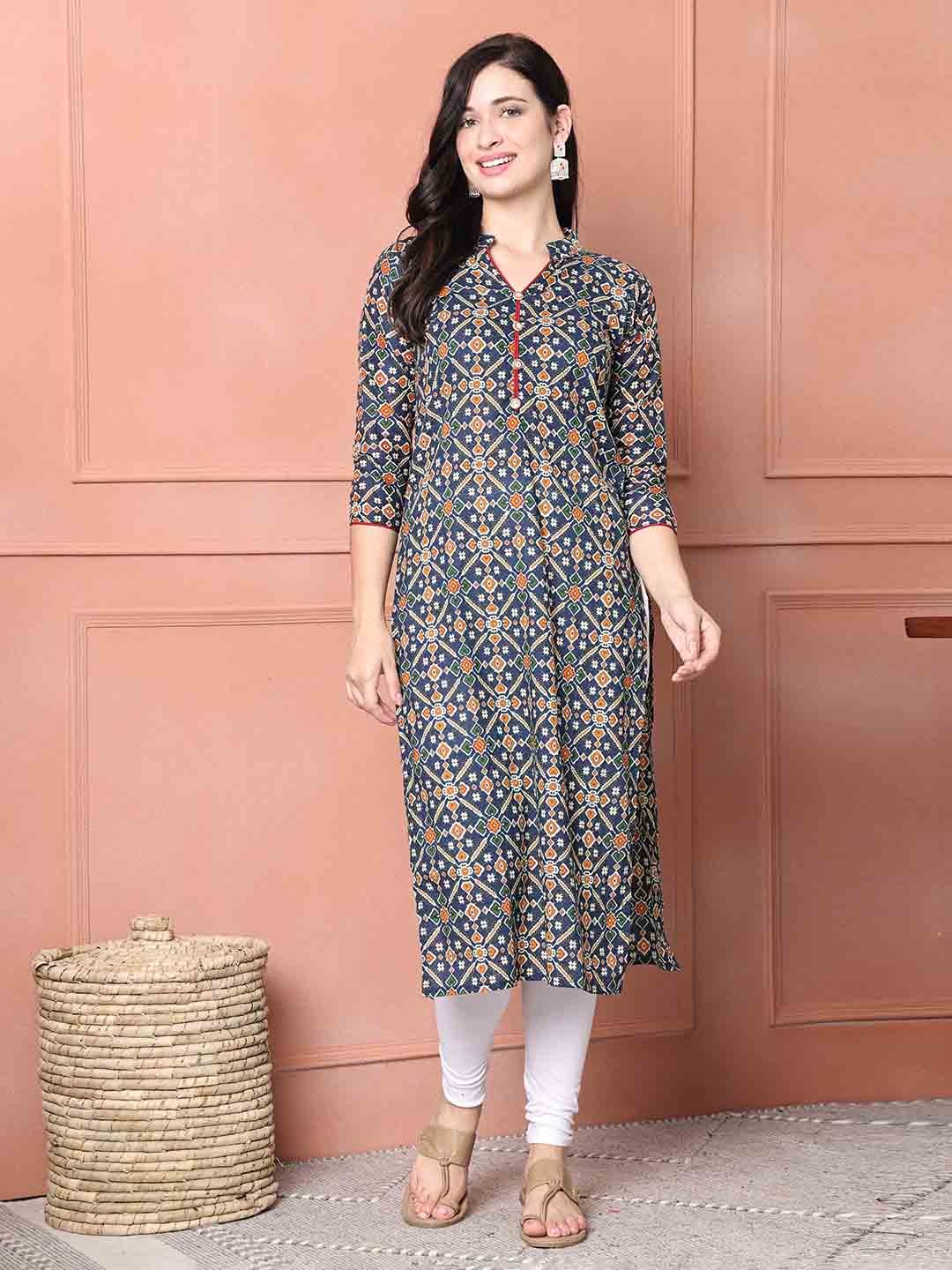 

KALINI Women Printed Pure Cotton Straight Kurtas, Navy blue