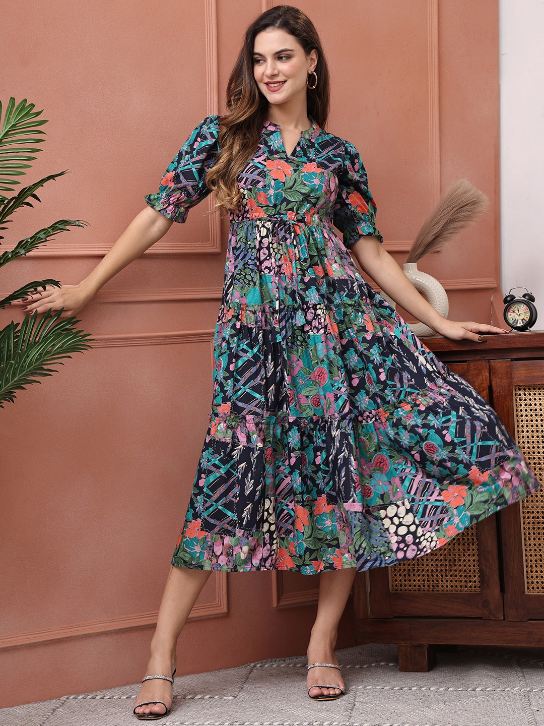 

Claura Women Floral Print Puff Sleeve Fit & Flare Midi Dress, Navy blue