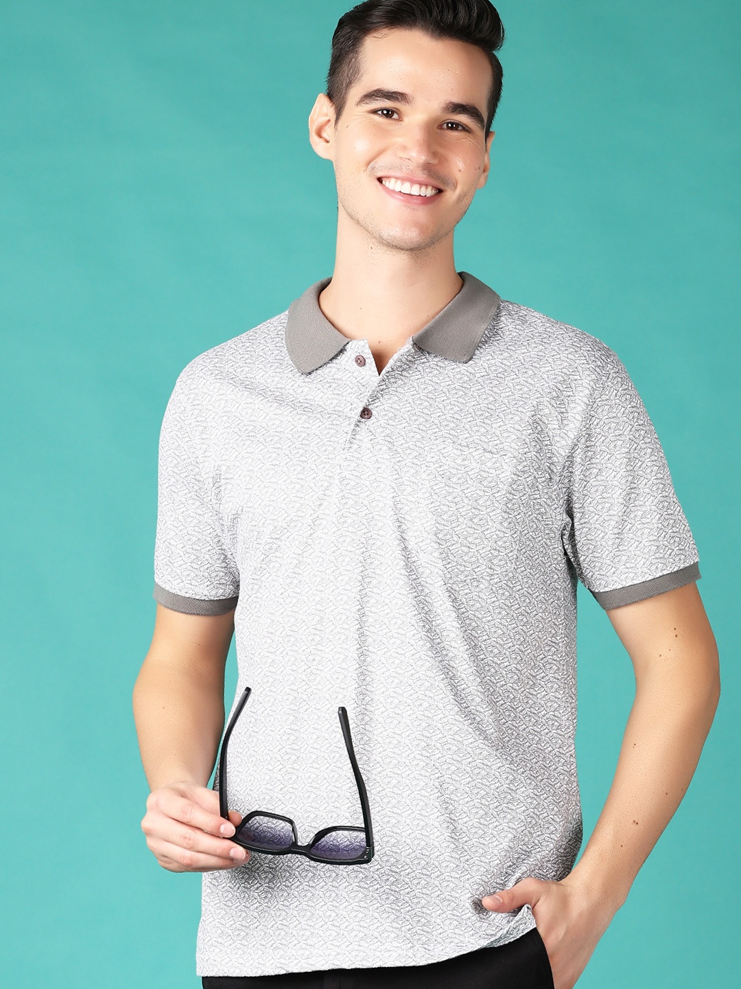 

V-Mart Men Abstract Printed Polo Collar Cotton T-shirt, Grey