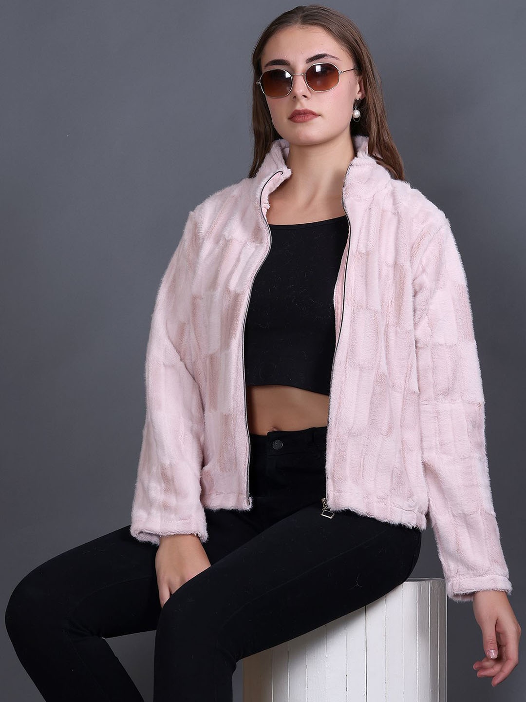 

GODFREY Women Mock Collar Self Design Faux Fur Casual Tailored Jacket, Pink