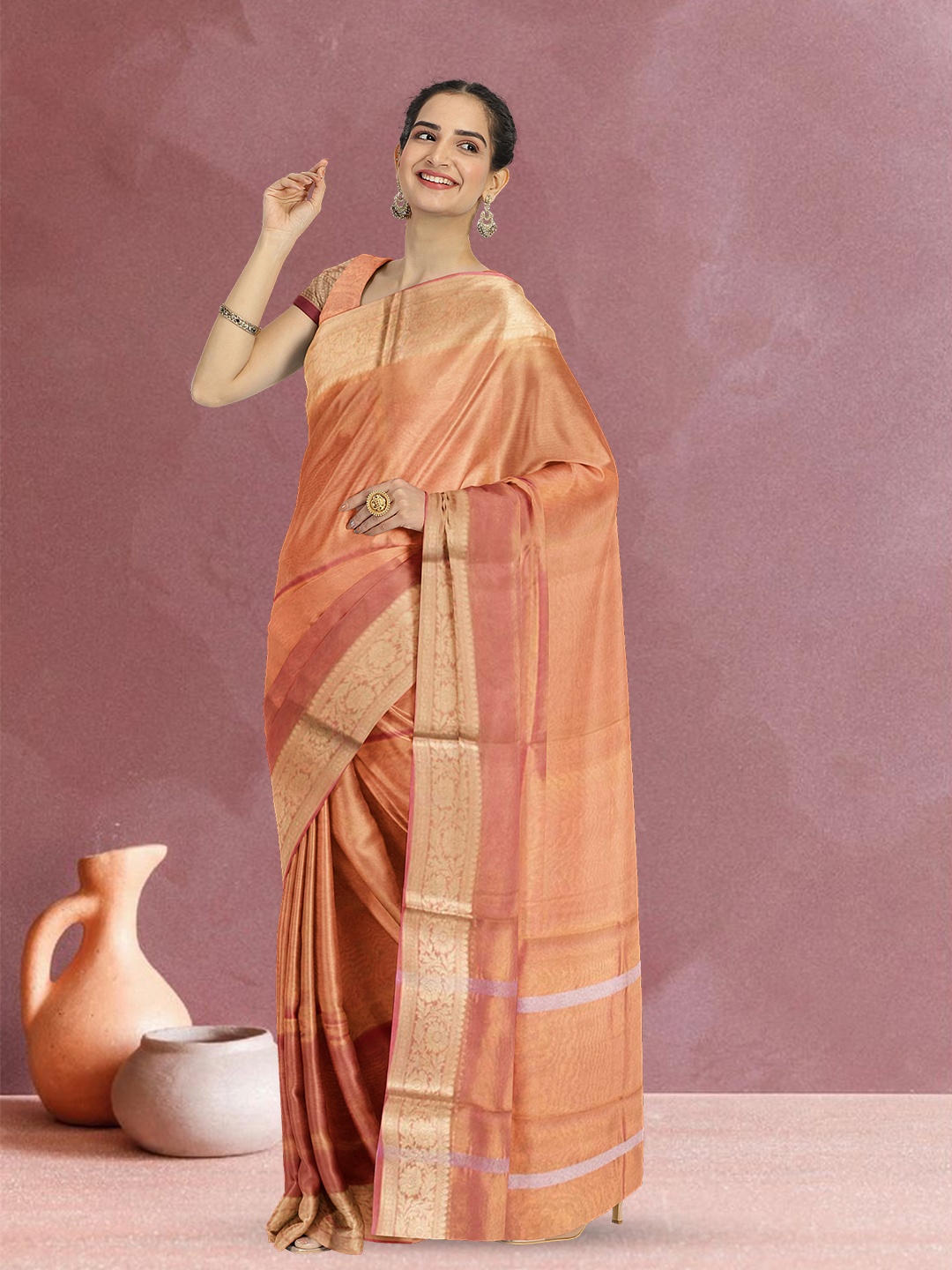 

Avishya Zari Tissue Banarasi Saree with Stitched Blouse, Brown