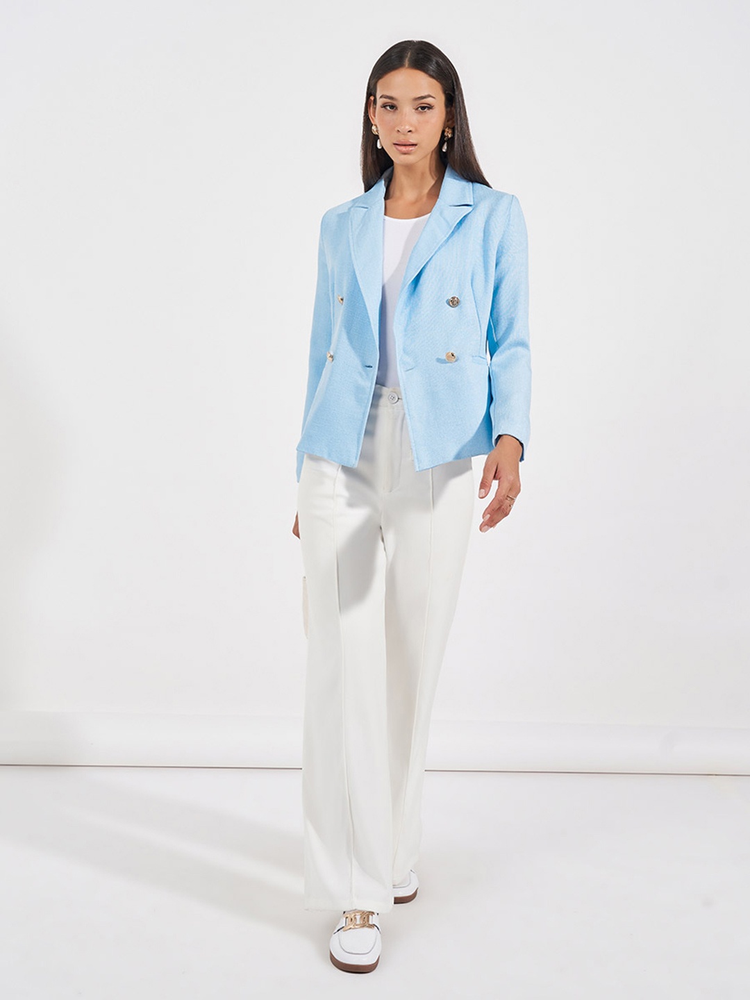 

Styli Women Regular Fit Regular Length Double Breasted Blazer, Blue