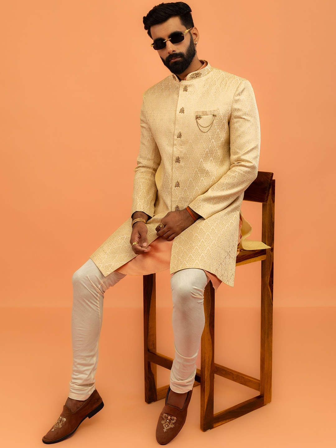 

KISAH Self Design Mandarin Collar Indowestern Sherwani Set, Cream