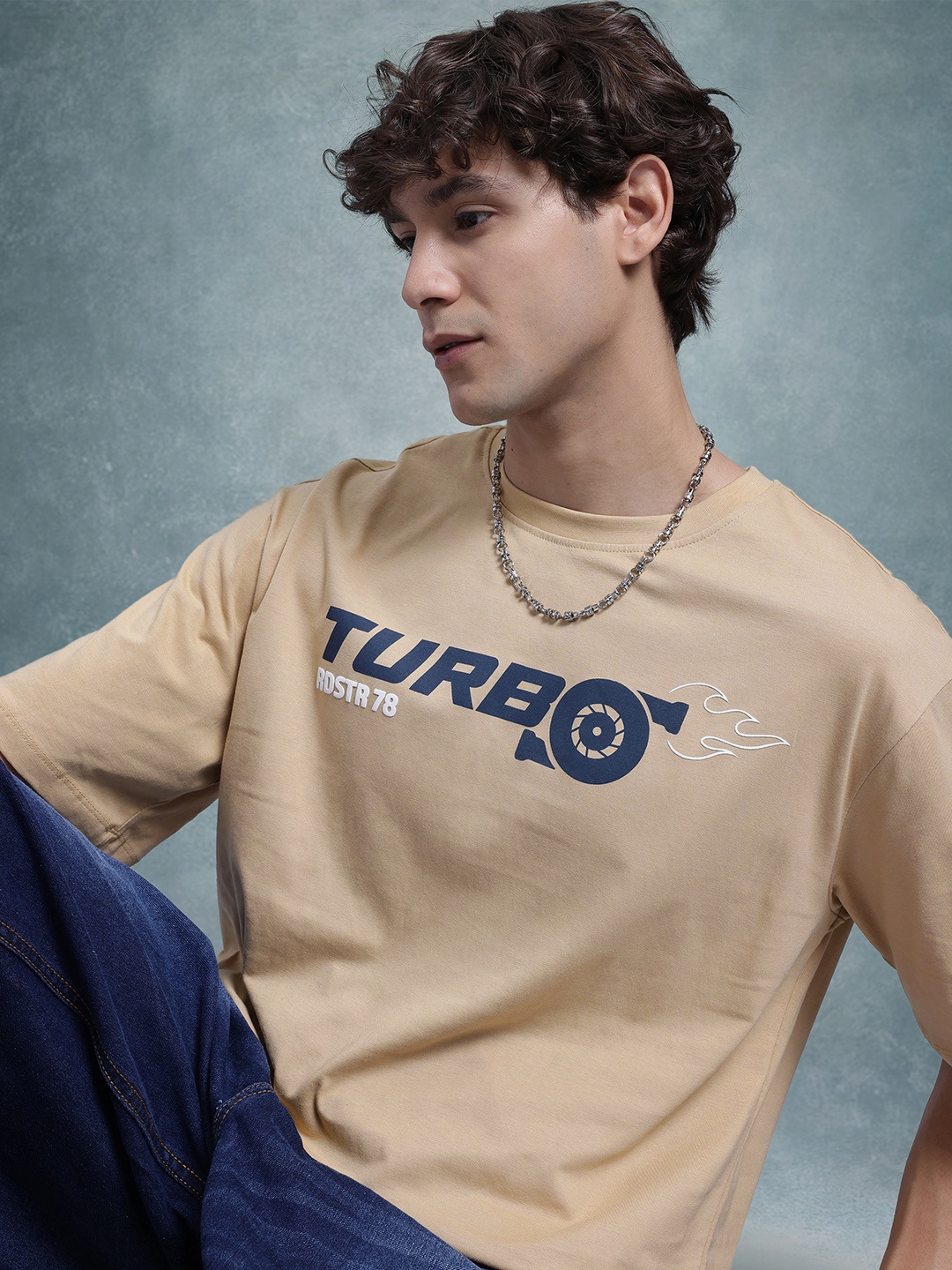 The Roadster Life Co. Typography Printed Cotton Relaxed Fit T-shirt, Beige