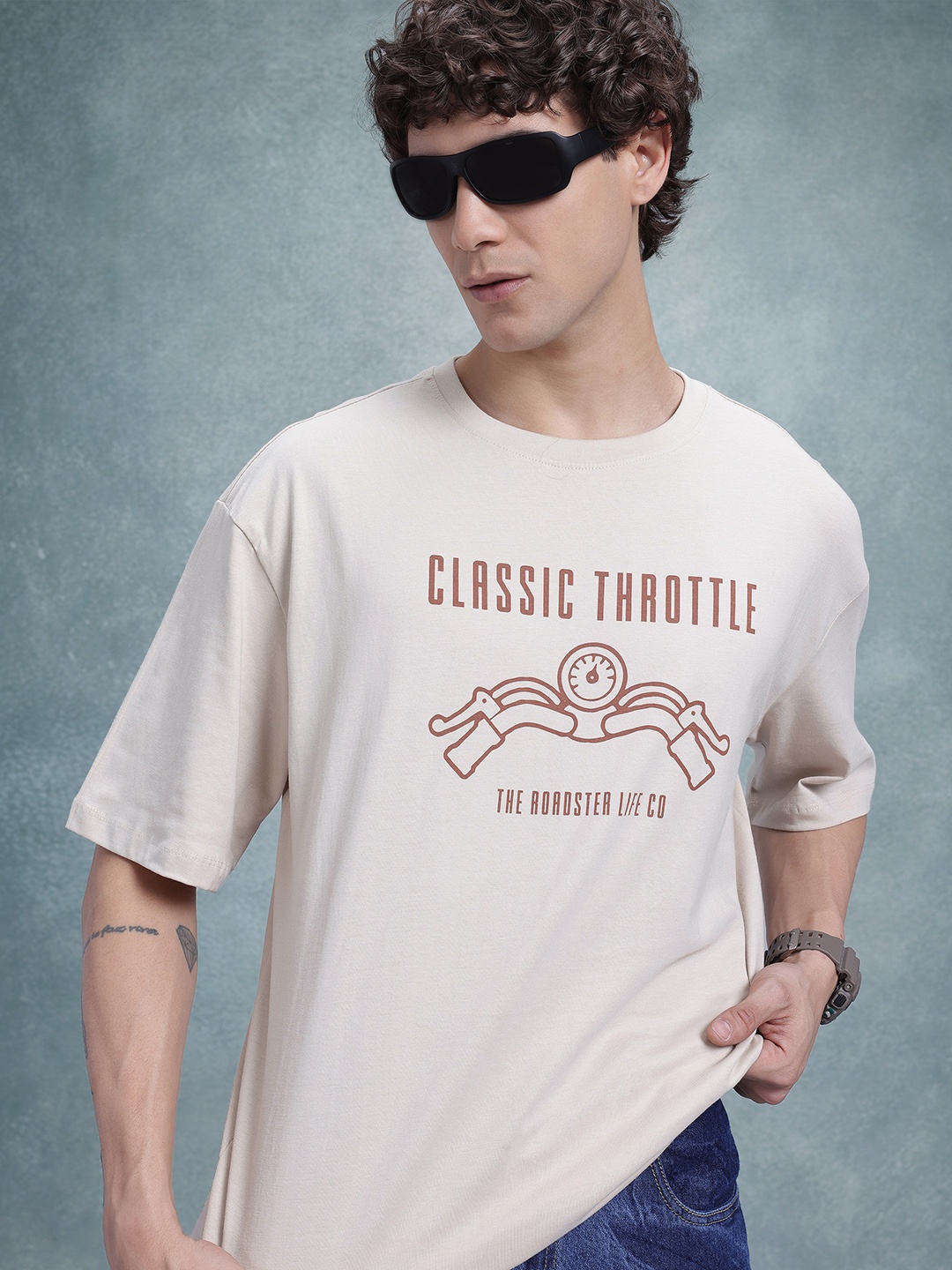 

The Roadster Life Co. Printed Pure Cotton Relaxed T-shirt, Beige