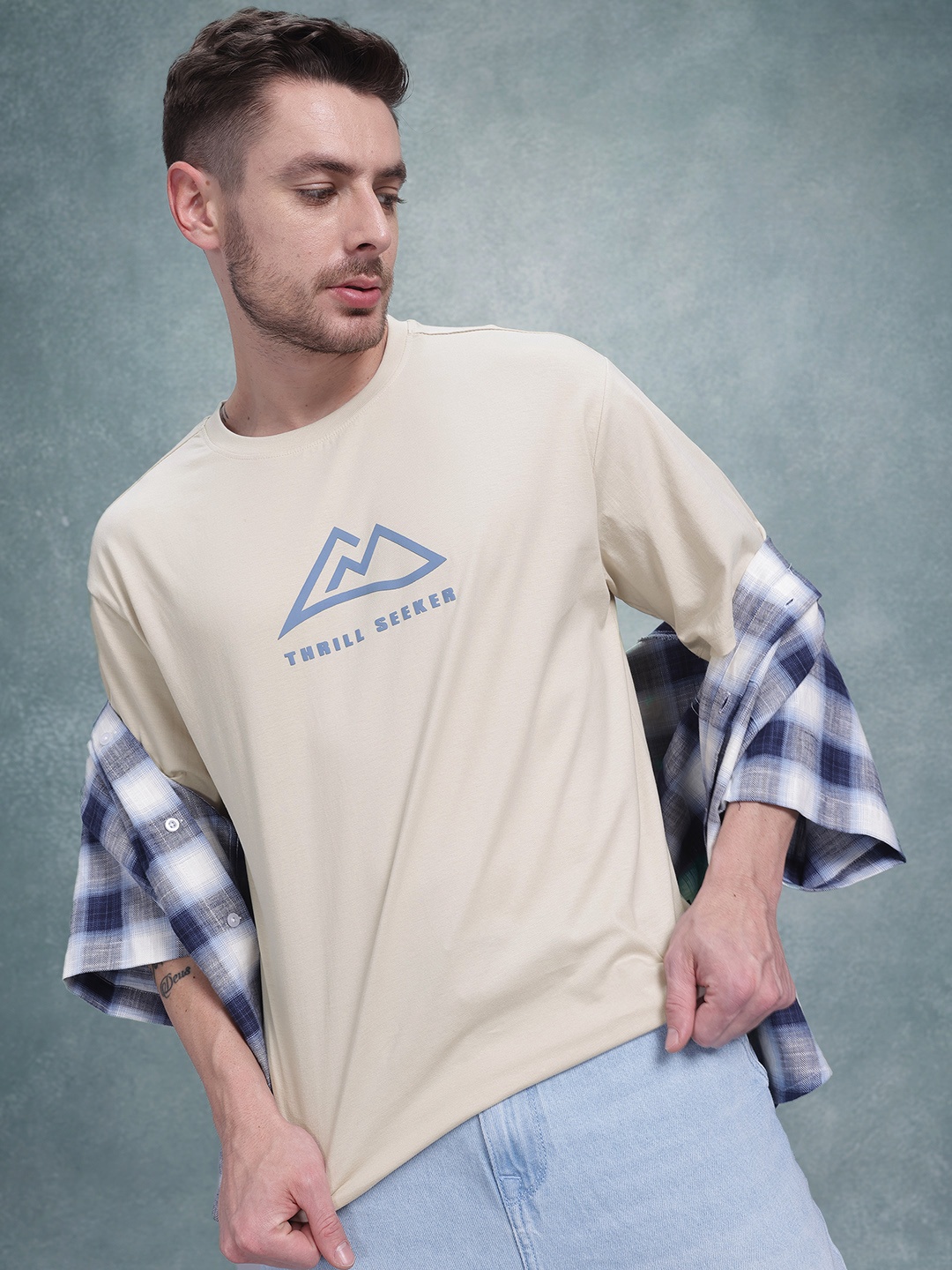 

The Roadster Life Co. Graphic Print Relaxed Fit Drop-Shoulder Sleeves Pure Cotton T-shirt, Beige