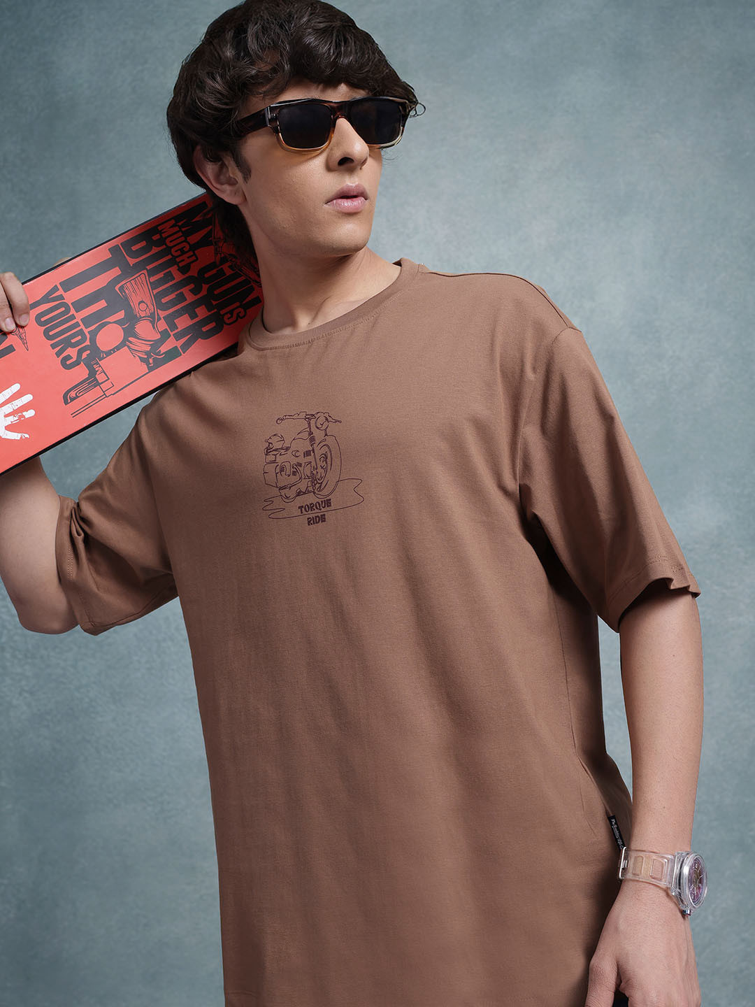 

The Roadster Life Co. Biker Printed Relaxed Pure Cotton T-shirt, Brown