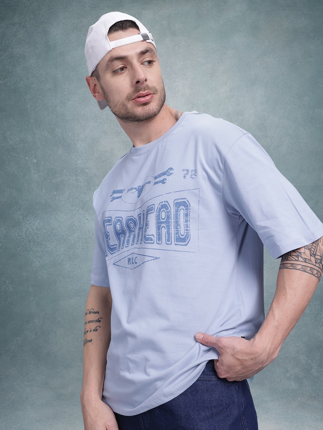 

The Roadster Life Co. Printed Drop-Shoulder Sleeves Cotton Relaxed T-shirt, Blue