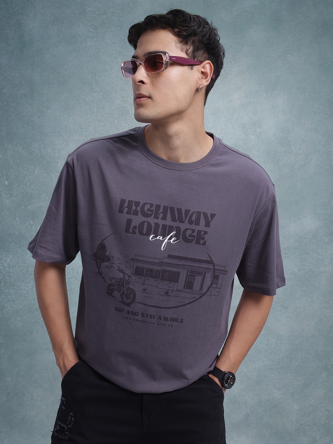 

The Roadster Life Co. Men Printed Pure Cotton Relaxed Fit T-shirt, Purple