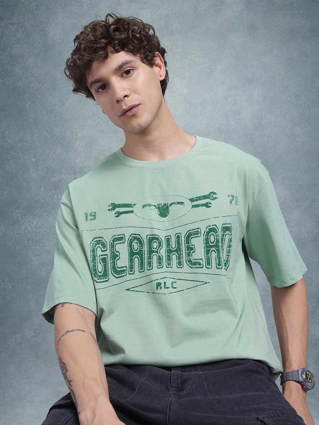 

The Roadster Life Co. Printed Drop-Shoulder Sleeves Cotton Relaxed T-shirt, Green