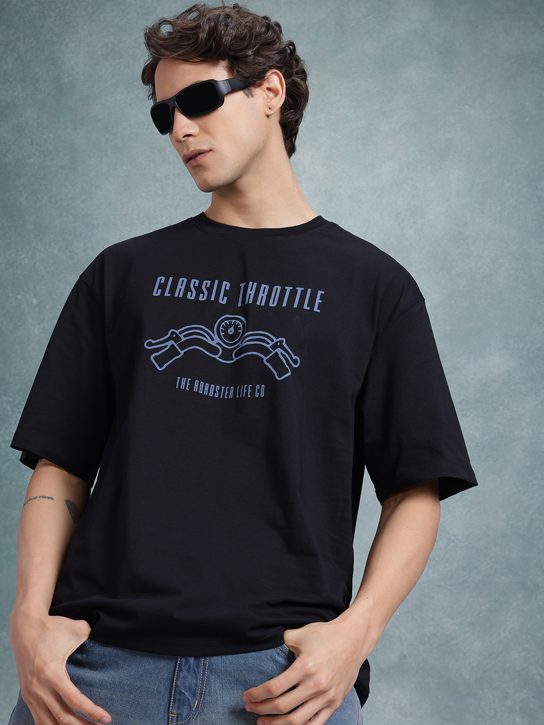 

The Roadster Life Co. Printed Drop-Shoulder Sleeves Pure Cotton Relaxed T-shirt, Black
