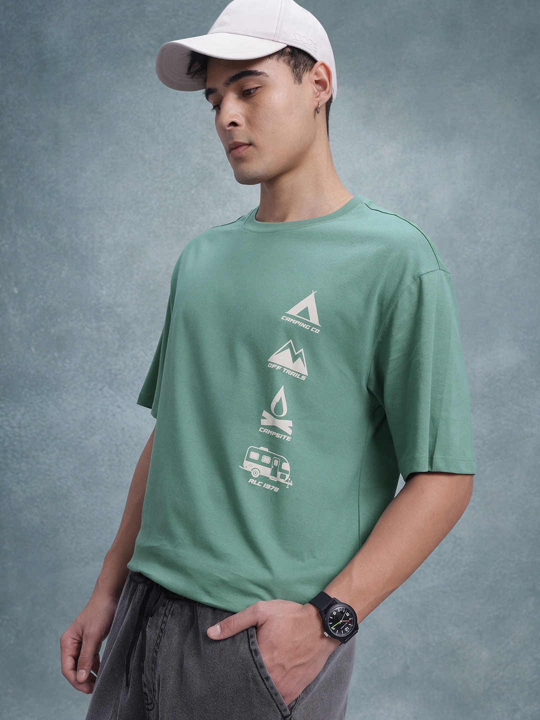 

The Roadster Life Co. Men Printed Pure Cotton Relaxed Fit T-shirt, Green