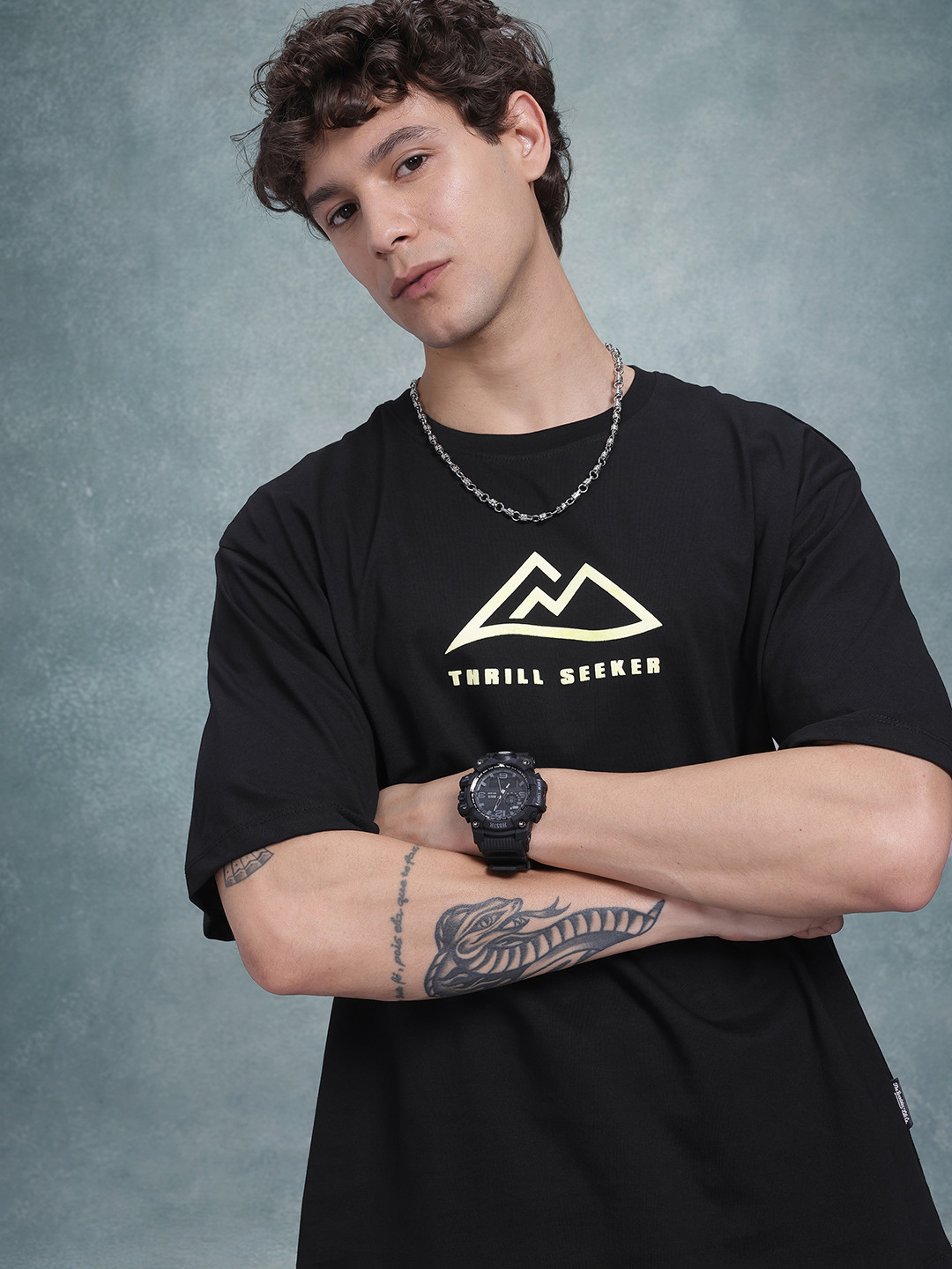 

The Roadster Life Co. Graphic Print Drop-Shoulder Sleeves Pure Cotton T-shirt, Black