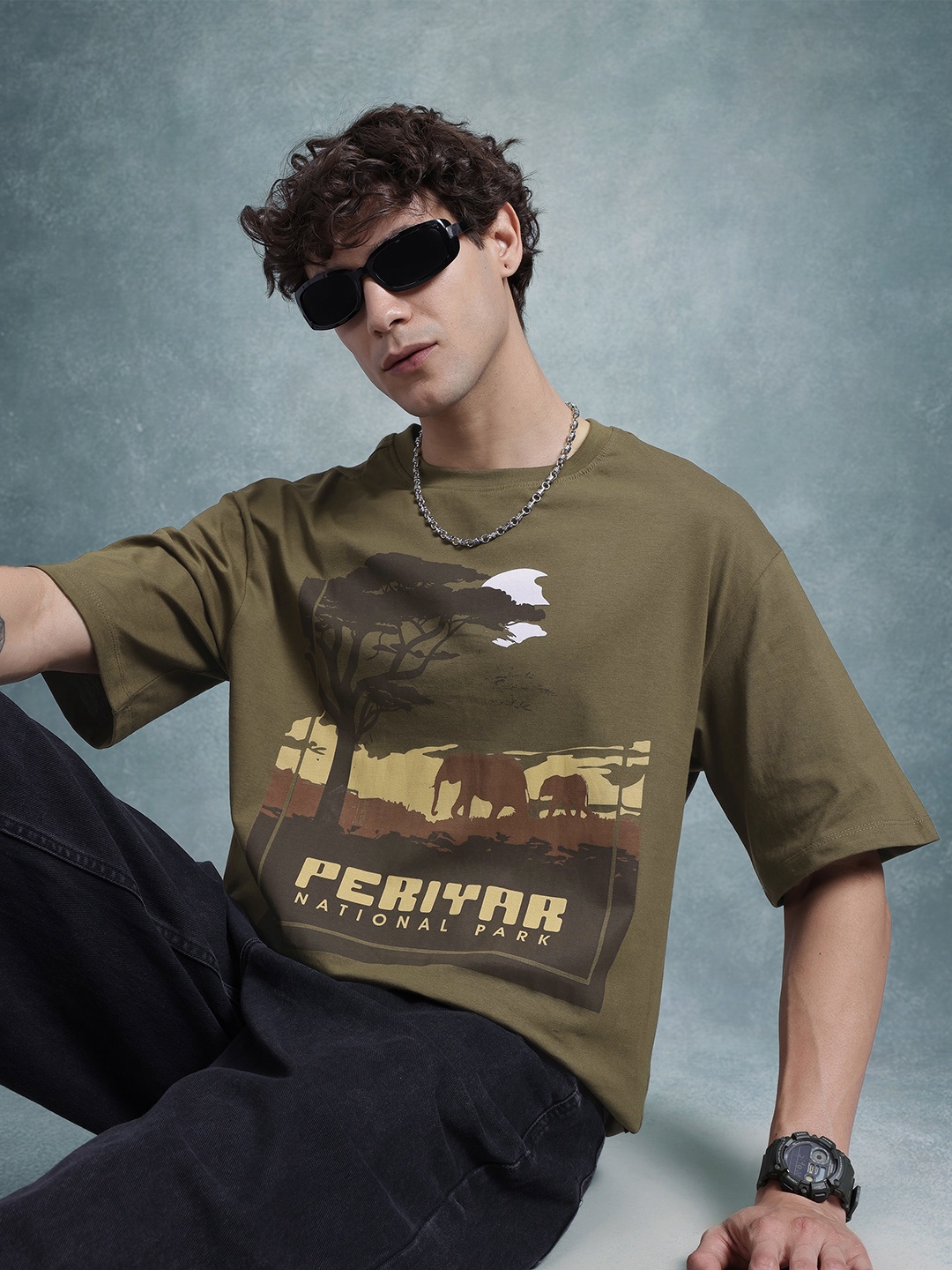 

The Roadster Life Co. Typography Printed Pure Cotton Relaxed T-shirt, Olive