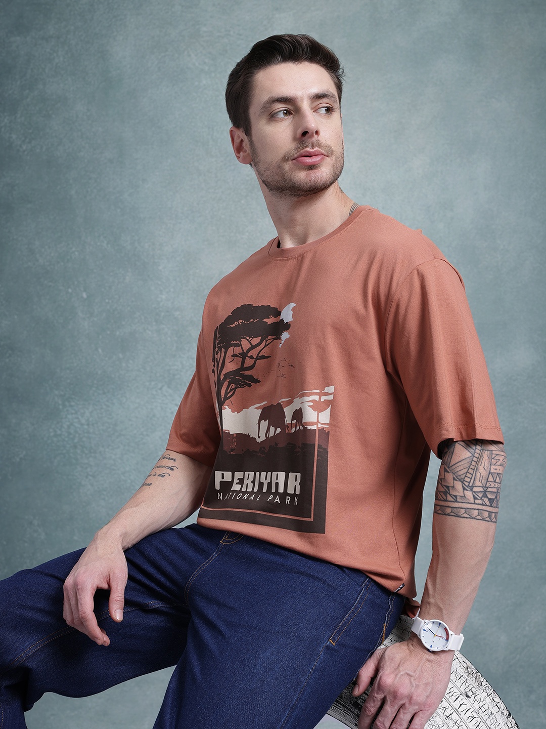 

The Roadster Life Co. Typography Printed Pure Cotton Relaxed T-shirt, Rust