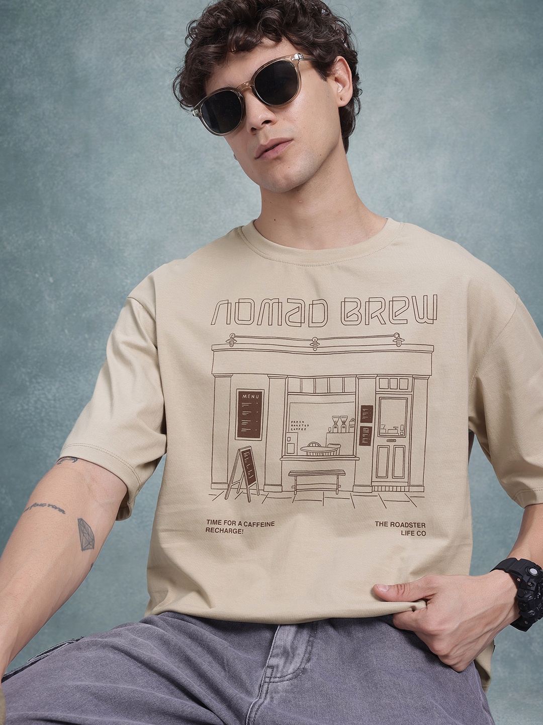 

The Roadster Life Co. Typography Print Drop-Shoulder Sleeves Pure Cotton T-shirt, Taupe