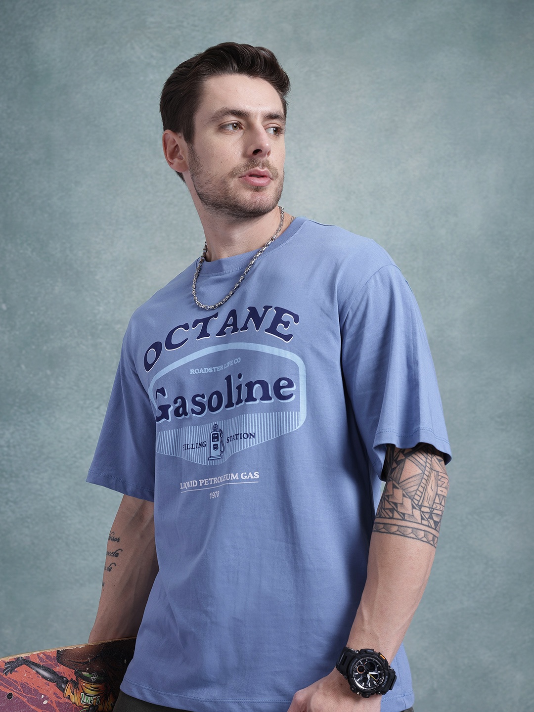 

The Roadster Life Co. Typography Printed Pure Cotton Relaxed T-shirt, Blue