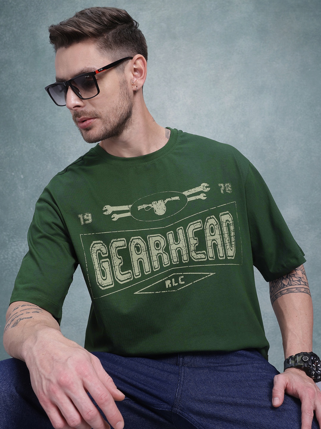 

The Roadster Life Co. Printed Drop-Shoulder Sleeves Cotton Relaxed T-shirt, Green
