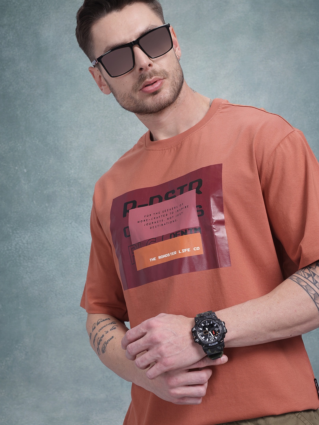 

The Roadster Life Co. Printed Drop-Shoulder Sleeves Cotton Relaxed T-shirt, Rust