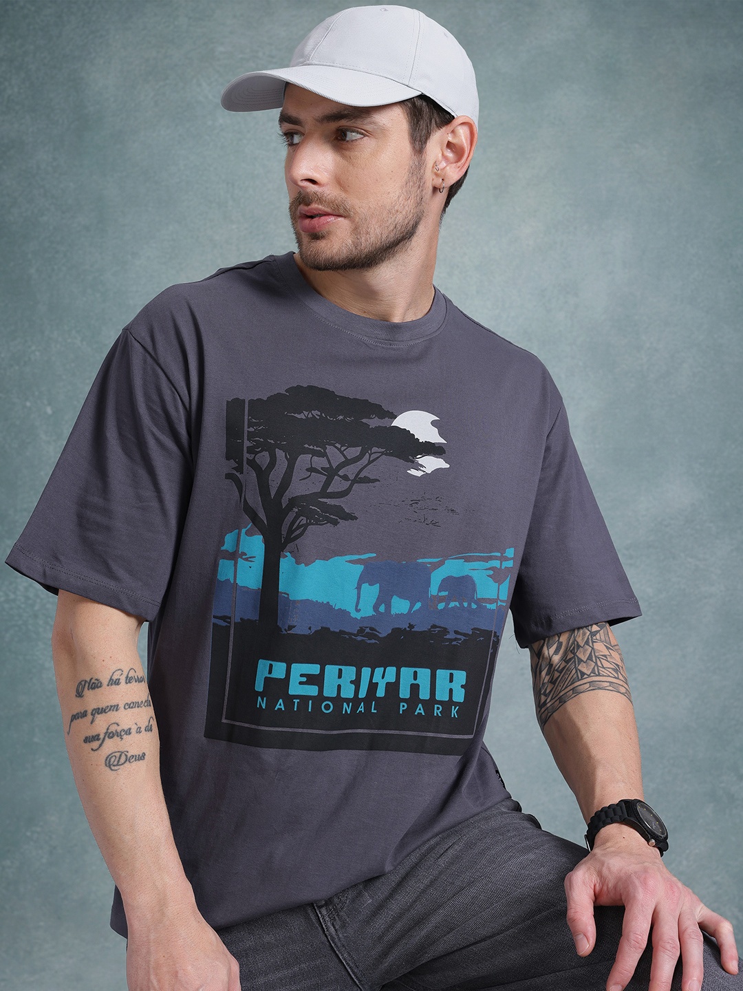 

The Roadster Life Co. Men Printed Pure Cotton Relaxed Fit T-shirt, Grey