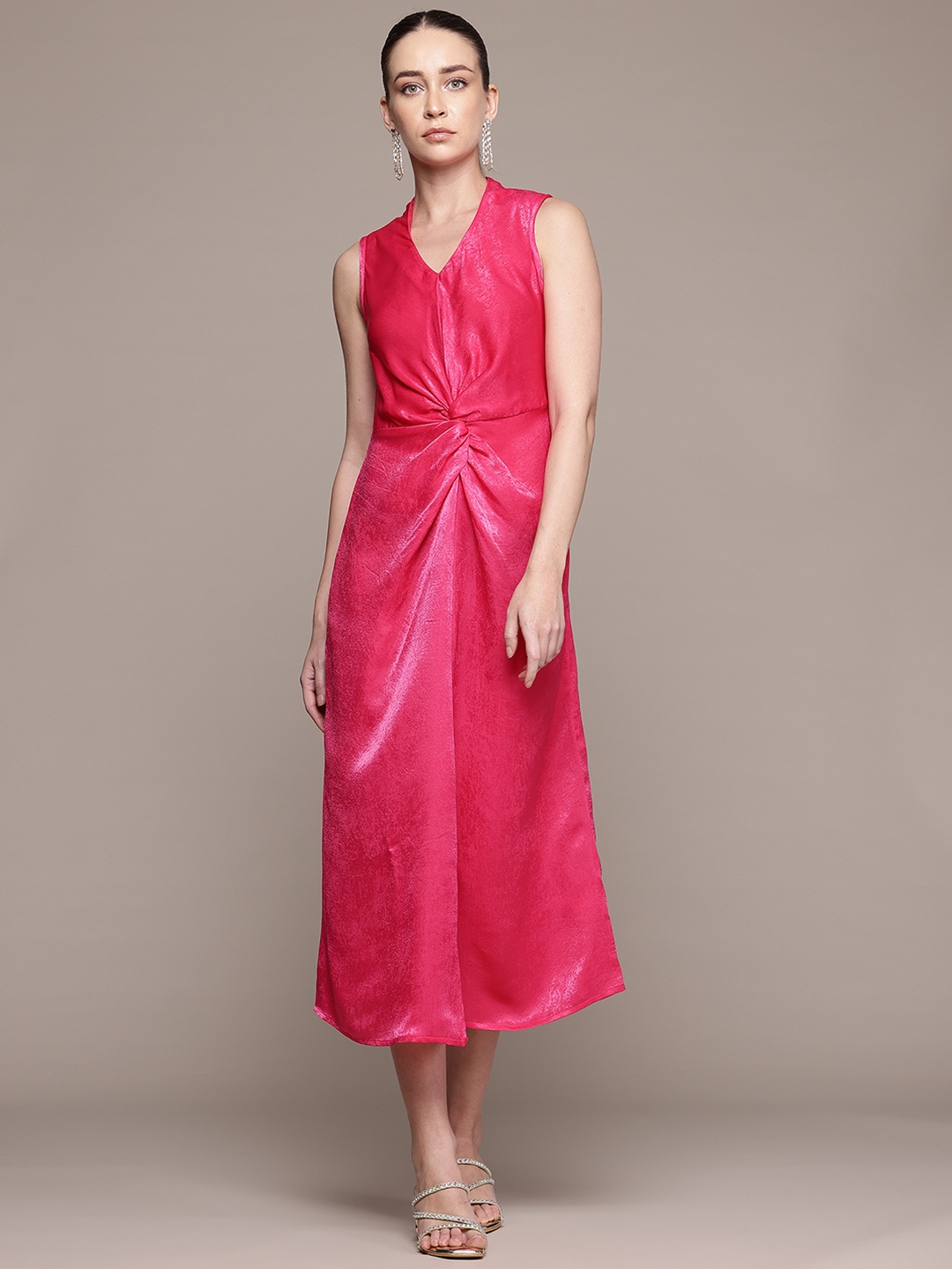 

bebe Wild Rose Satin A-Line Midi Dress with Twisted Detail, Pink