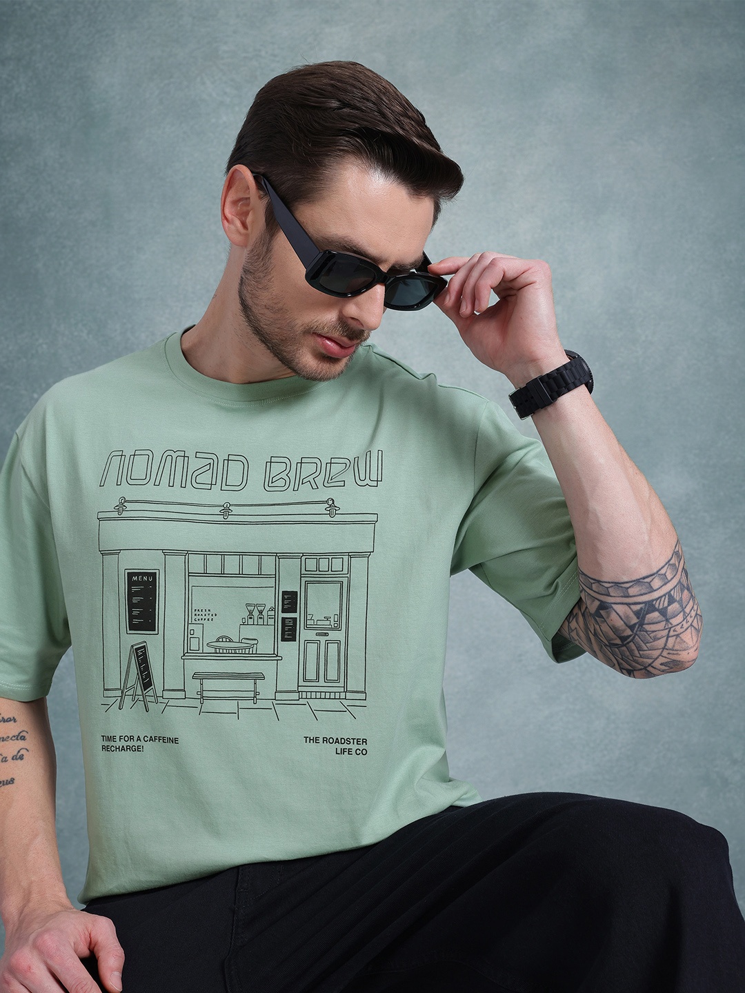 

The Roadster Life Co. Men Printed Pure Cotton Relaxed Fit T-shirt, Green